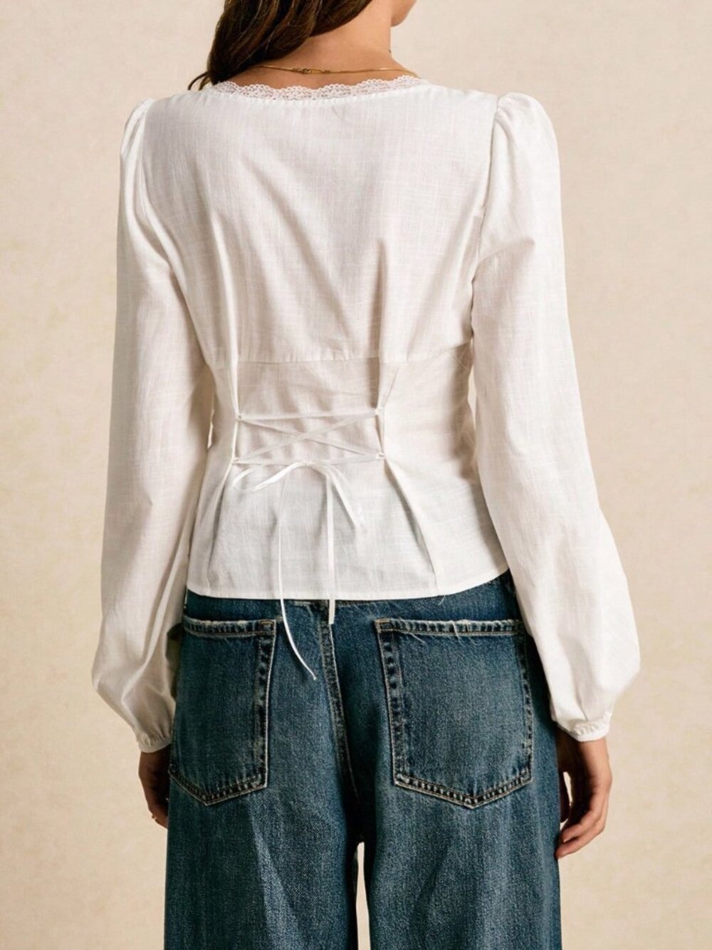 White Casual Women's Contrast Lace Bow Decor Pleated Design Elegant Blouse - Picture 2 of 7